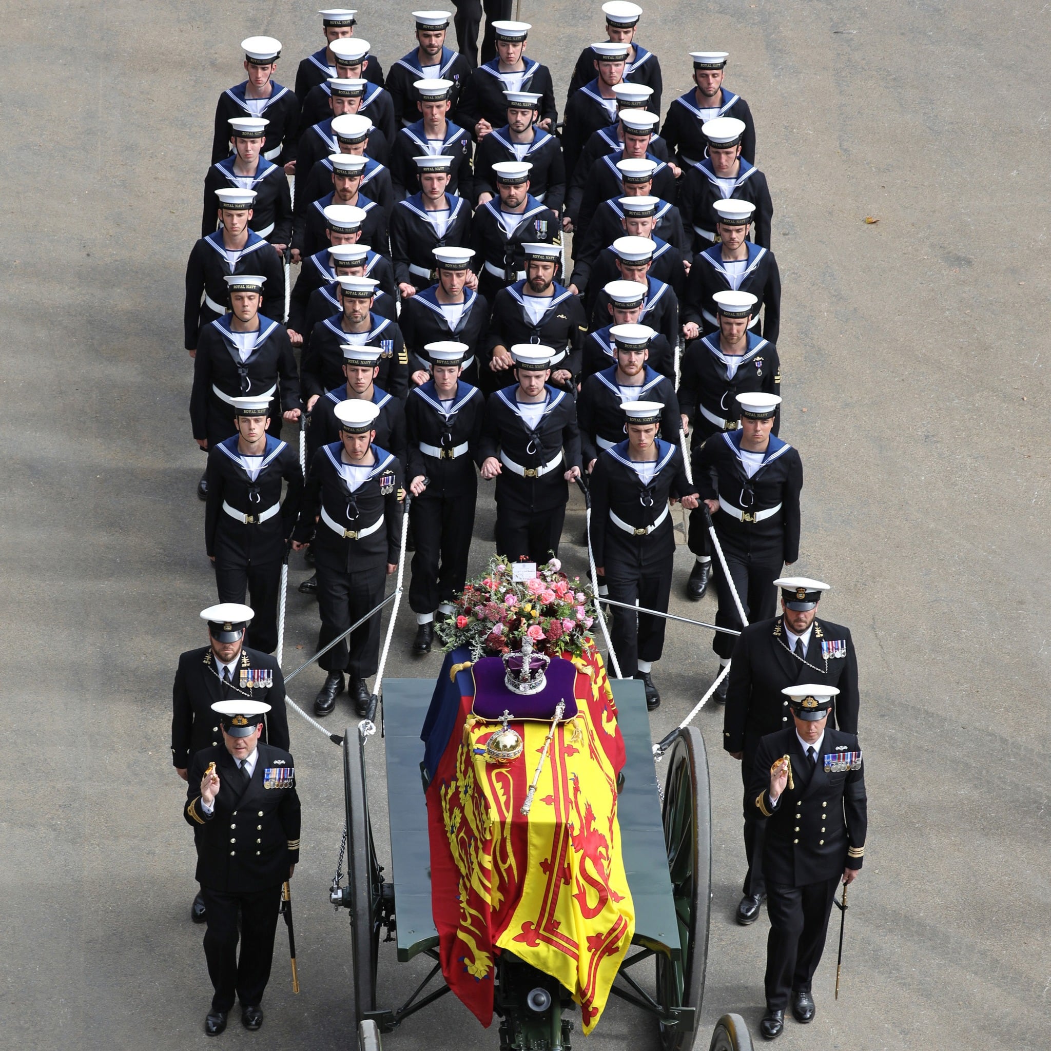 Submarine Service members forming part of the gun carriage crew that carried Her Majesty Queen Elizabeth II from Westminster Abbey to Westminer Cathedral.